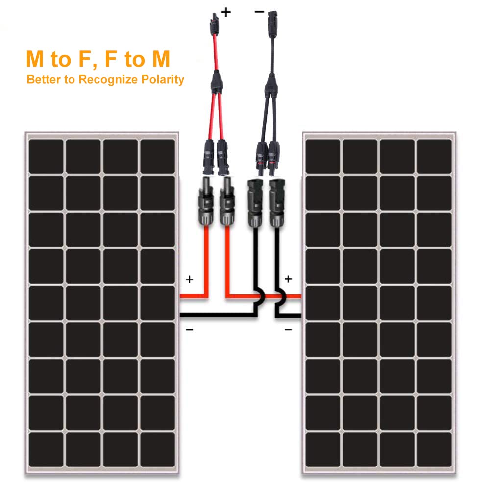 Solarmodul Kabel Y-Stecker 2,5–6 mm², Solarkabel Y-Verteiler 12/10 AWG Photovoltaik-Solarkabel PV-Stecker 1 Paar MMF + FFM für parallele PV-Verbindung, rot + schwarz