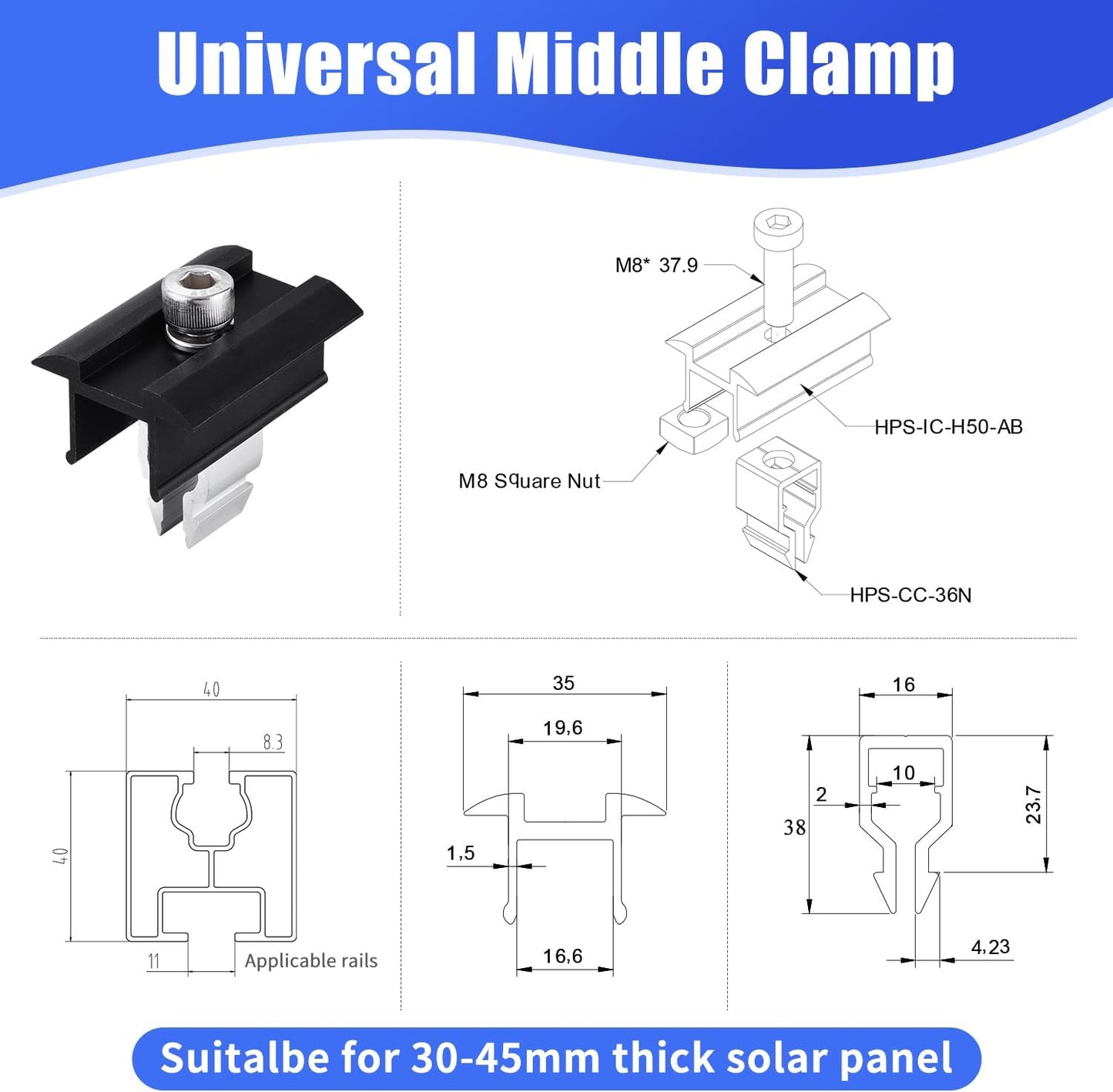 10 pcs Photovoltaik-Solarmodul-Mittelklemmen-Set 30-45mm Mzy08b