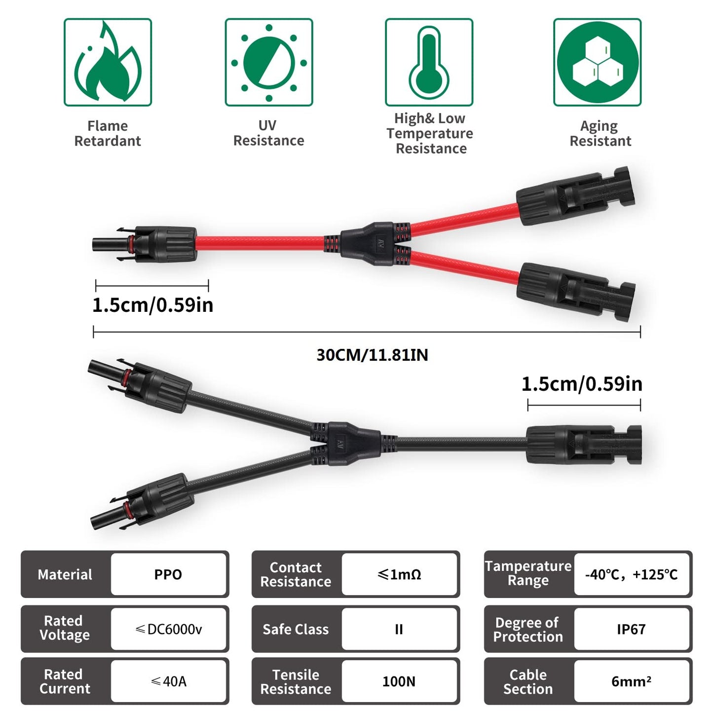 Solarmodul Kabel Y-Stecker 2,5–6 mm², Solarkabel Y-Verteiler 12/10 AWG Photovoltaik-Solarkabel PV-Stecker 1 Paar MMF + FFM für parallele PV-Verbindung, rot + schwarz