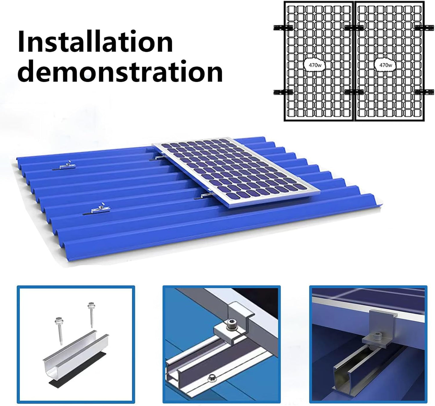 Solarmodul Halterung  Trapezdach, Alu Photovoltaik Set für 2/3/4/5/6/7/8/10/12 Module Montageschiene 12CM, Verstellbare Klemme für 30-35MM Dicke Module, Solarpanel Halterung Montageset 2 Module Geeignet für Flachdach