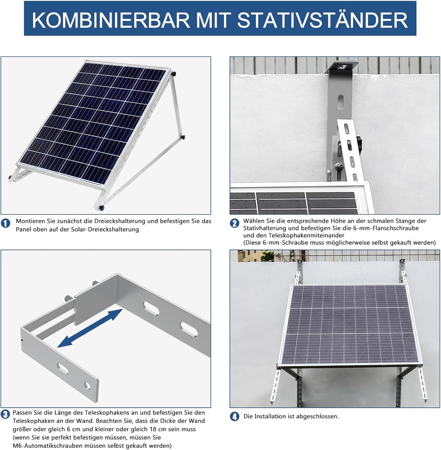 2PCS Einstellbar Solarpanel Halterung Haken Balkon, Geländerhalterung Balkonkraftwerk für Solarmodul Balkon & Flachdach,Edelstahl Haken für Balkongeländer Halter,Solarmodul Halterung Photovoltaik