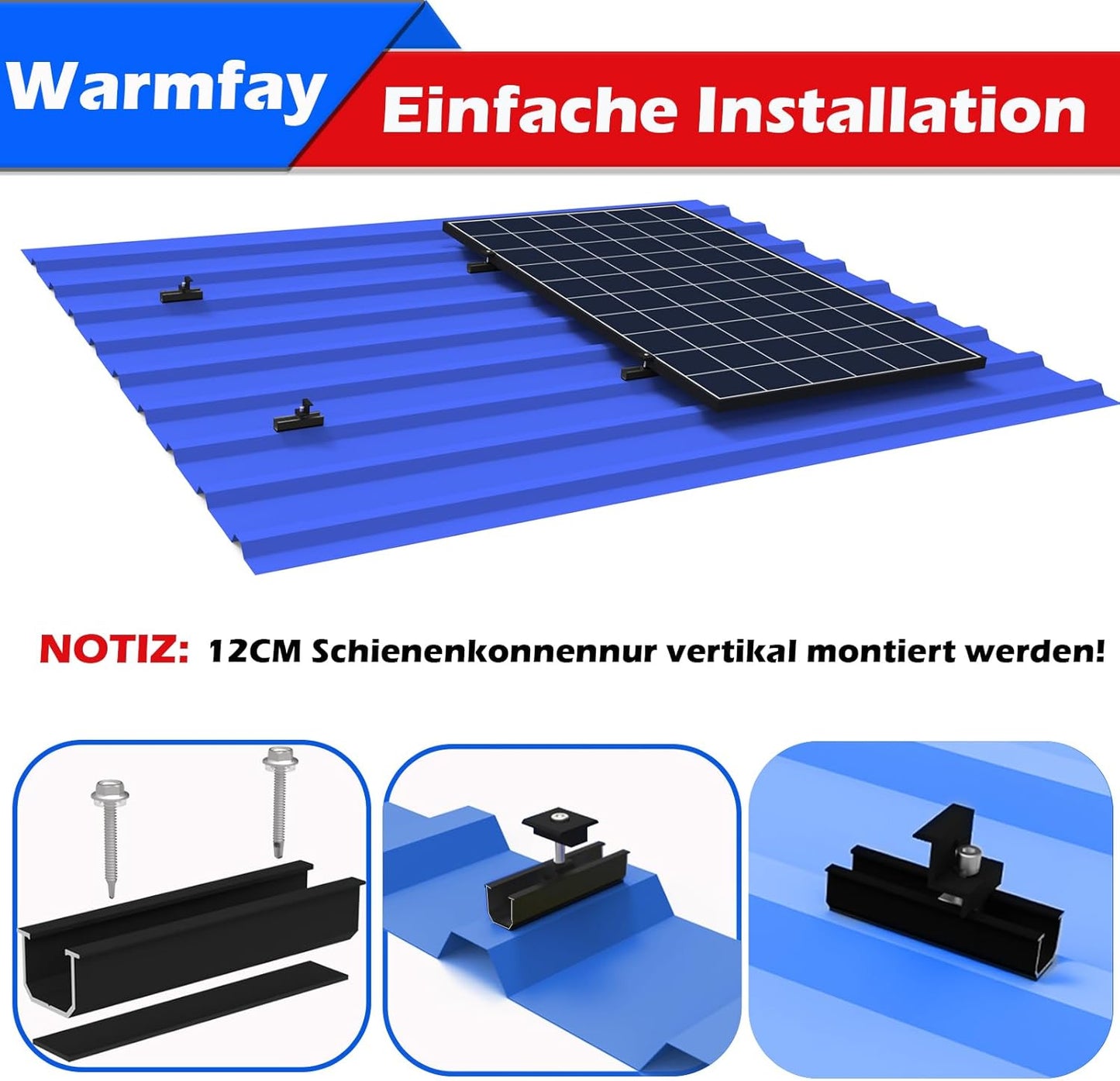 Solarmodul Halterung  Trapezdach, Alu Photovoltaik Set für 2/3/4/5/6/7/8/10/12 Module Montageschiene 12CM, Verstellbare Klemme für 30-35MM Dicke Module, Solarpanel Halterung Montageset 2 Module Geeignet für Flachdach