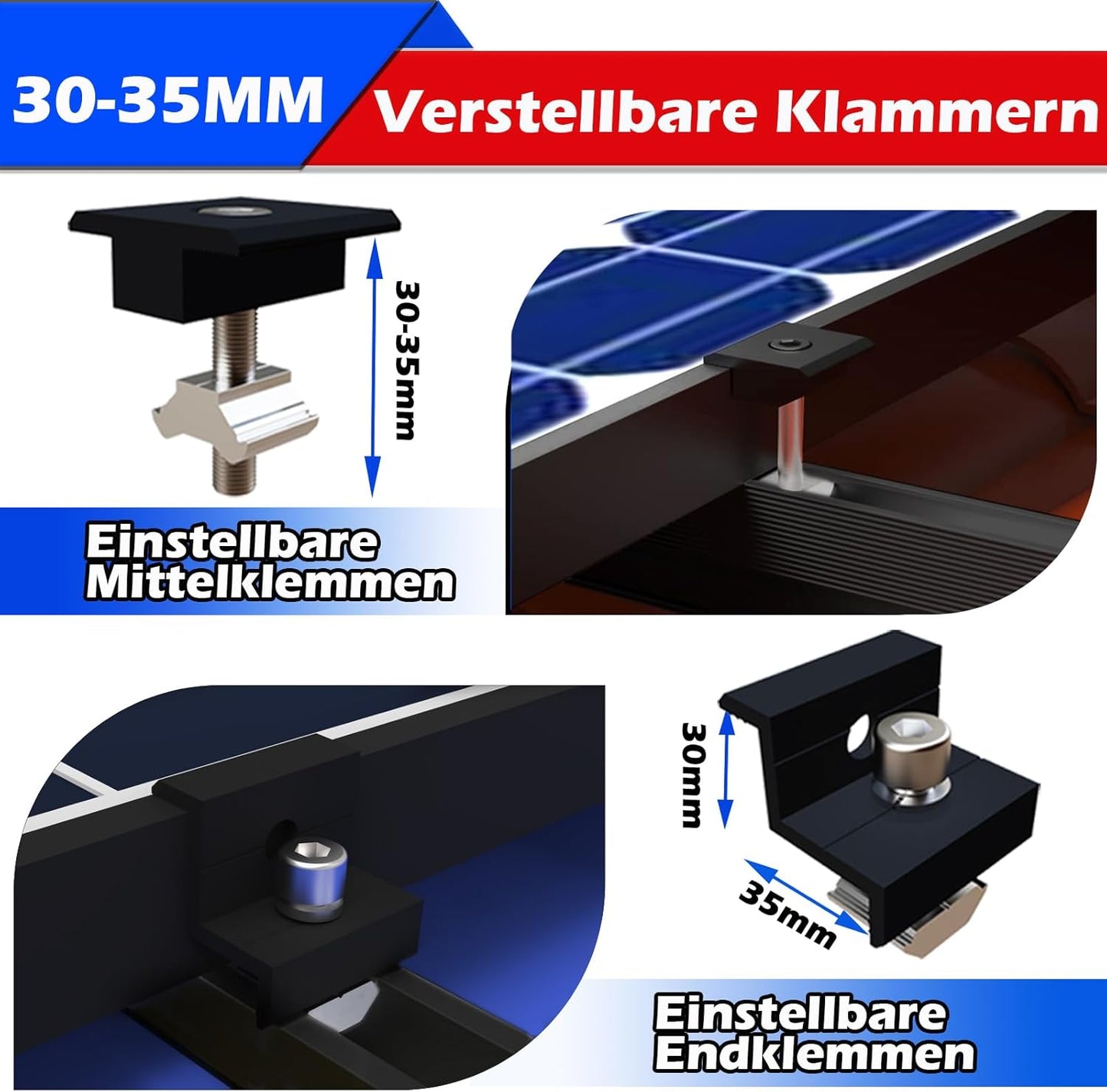 Solarmodul Halterung  Trapezdach, Alu Photovoltaik Set für 2/3/4/5/6/7/8/10/12 Module Montageschiene 12CM, Verstellbare Klemme für 30-35MM Dicke Module, Solarpanel Halterung Montageset 2 Module Geeignet für Flachdach