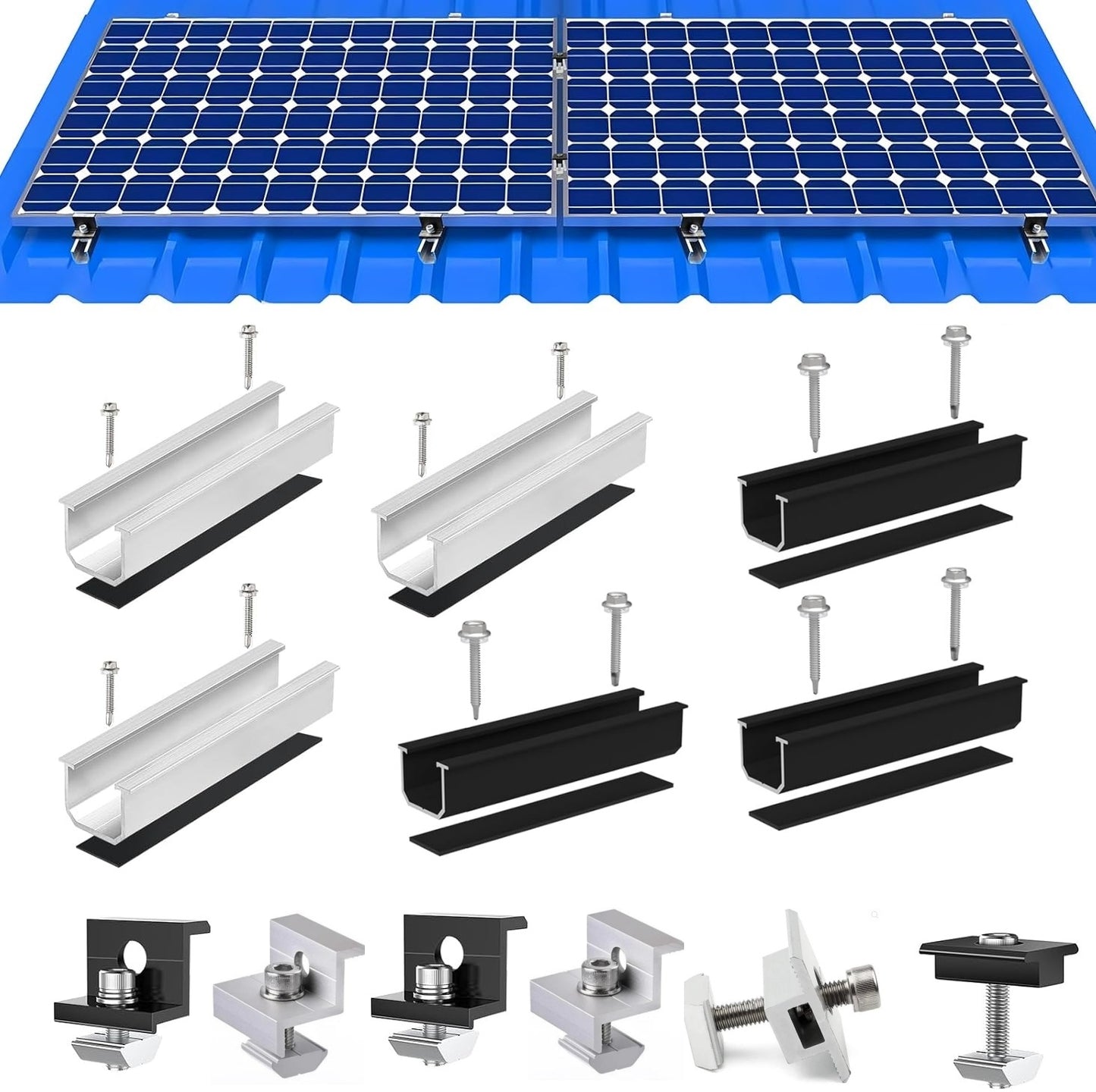 Solarmodul Halterung  Trapezdach, Alu Photovoltaik Set für 2/3/4/5/6/7/8/10/12 Module Montageschiene 12CM, Verstellbare Klemme für 30-35MM Dicke Module, Solarpanel Halterung Montageset 2 Module Geeignet für Flachdach