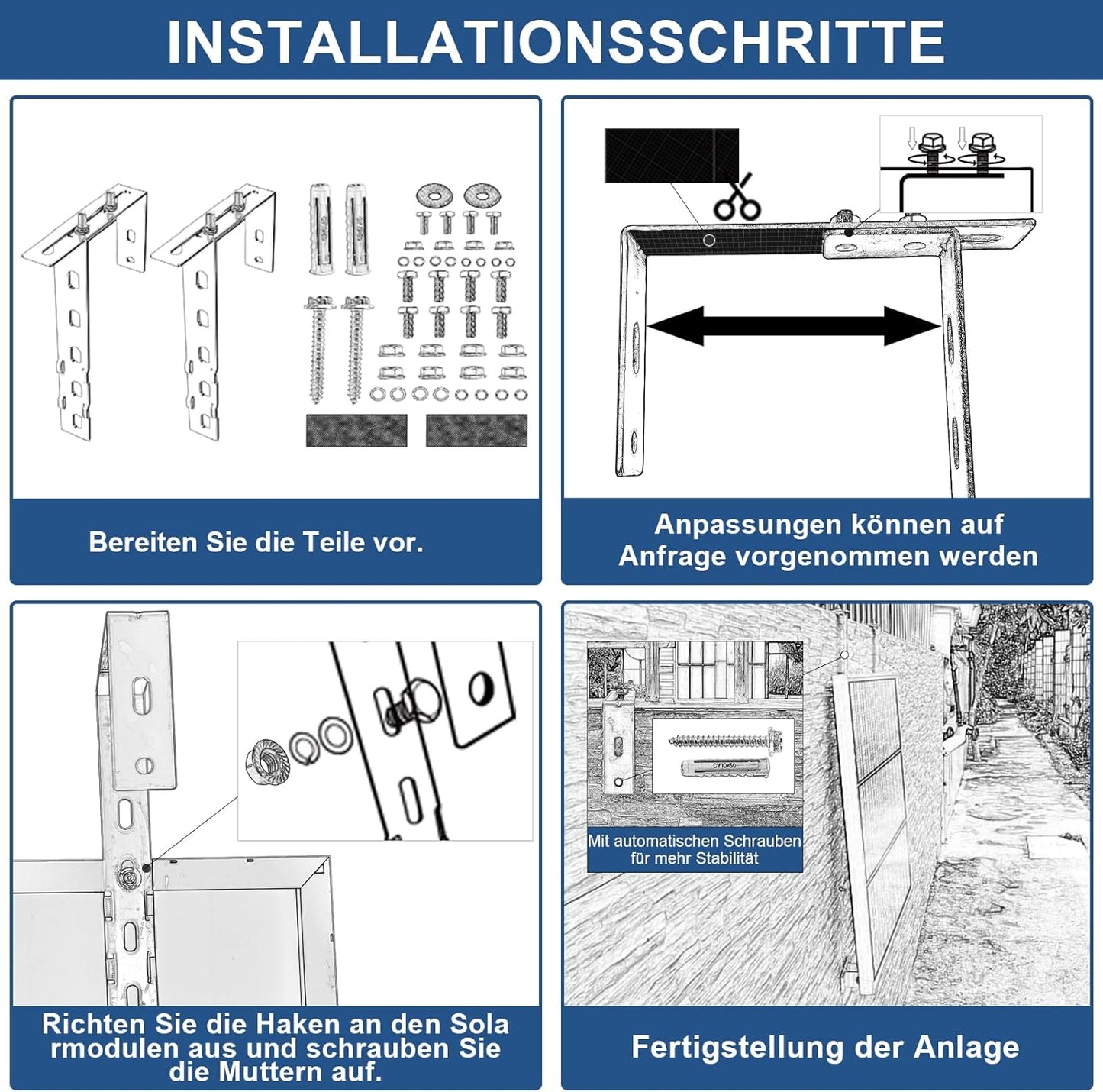 2PCS Einstellbar Solarpanel Halterung Haken Balkon, Geländerhalterung Balkonkraftwerk für Solarmodul Balkon & Flachdach,Edelstahl Haken für Balkongeländer Halter,Solarmodul Halterung Photovoltaik