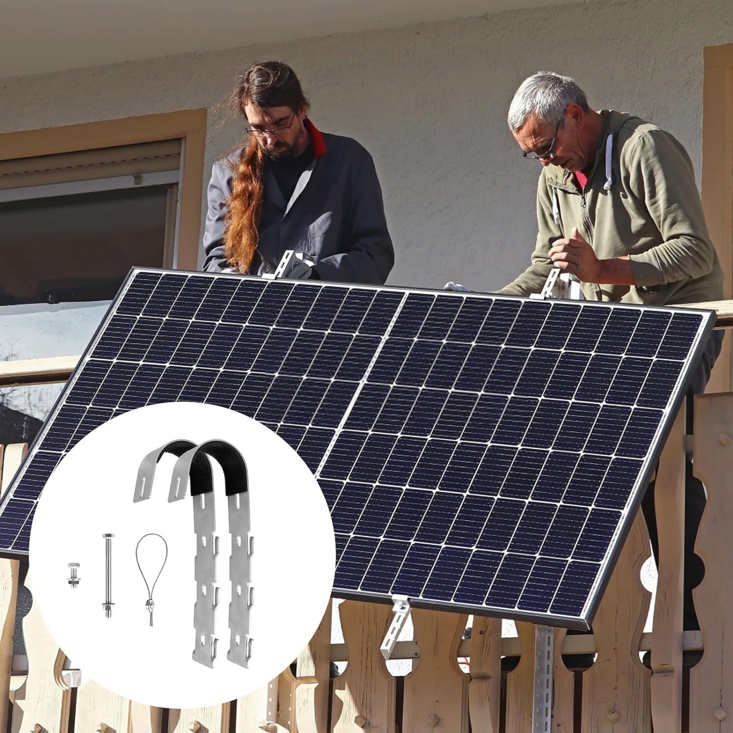 2 Stück Edelstahl Solarmodul Halterung Balkonkraftwerk, Balkonhaken Solarpanel Halterung Balkon Passend für Runde Balkongelände, PV Halterung Geländer Haken Solar Balkonhalterung